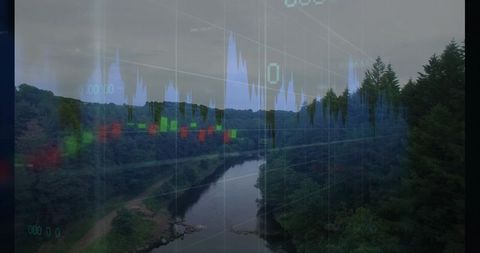 River valley double exposure blending forest landscape with financial data overlay concept