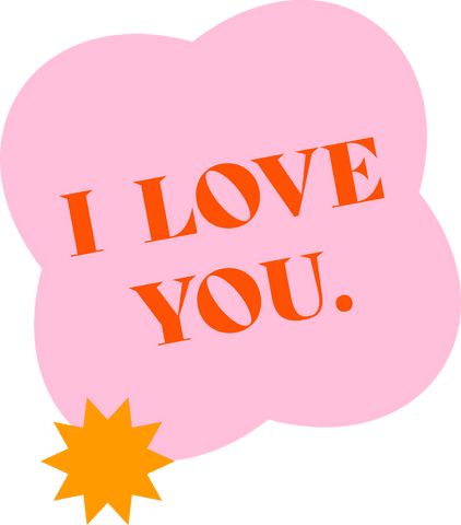 Pink speech bubble with orange i love you on transparent background