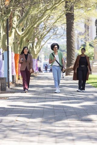 Three friends walking under tree canopy on sunlit urban promenade carrying coffee and bags