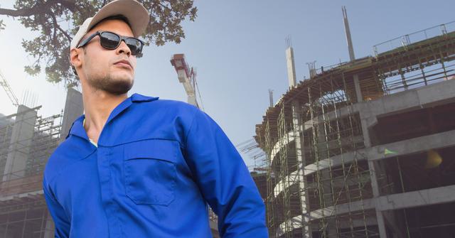 Man in blue jumpsuit and hat stands confidently in front of a building under construction with scaffolding and cranes in the background. Wearing sunglasses, he appears poised and focused. Perfect for use in content related to construction, labor workforce, building projects, development, and industrial work environments.