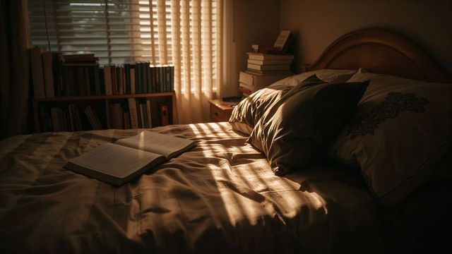 Warm sunlit bedroom with open book on cozy bed