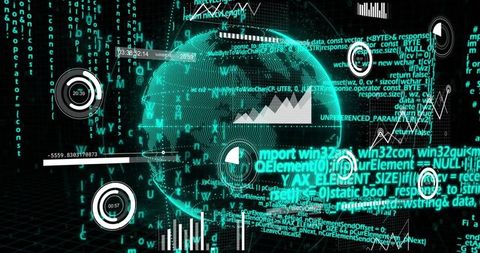 Rotating Holographic Globe Visualizing Cyber Data Streams Neon HUD Analytics Wireframe