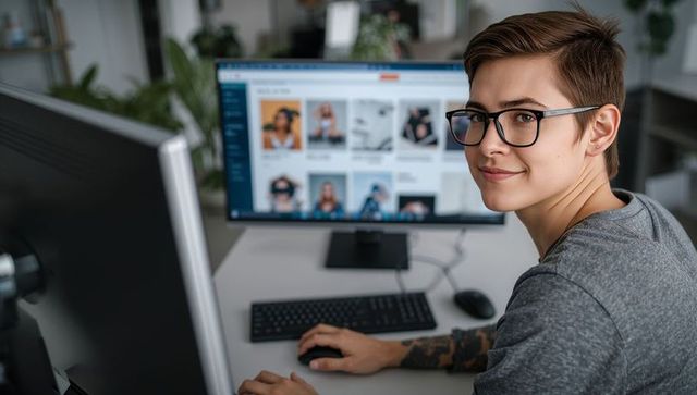 Young professional with glasses and arm tattoo working at desktop, smiling to camera