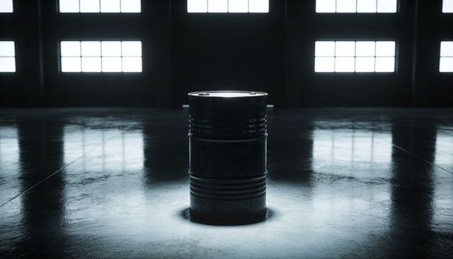 Sitting Weathered Metal Drum on Polished Concrete Floor in Dark Industrial Warehouse