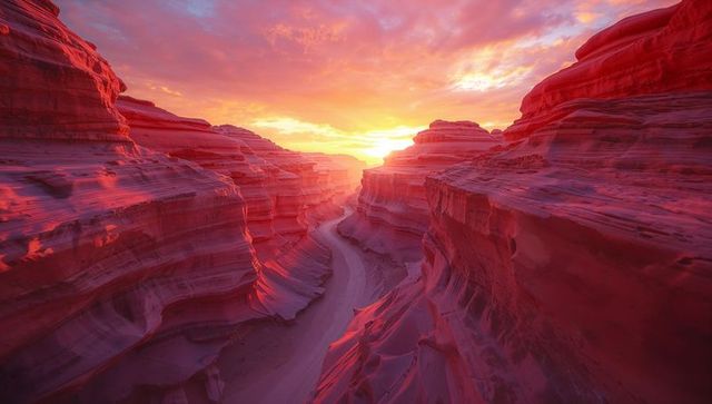 Sunset casting warm glow over winding red sandstone canyon
