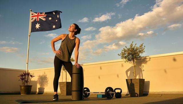 Rooftop fitness at sunset woman looking up holding foam roller beside australian flag