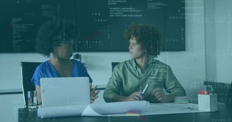 Team Collaboration with Floating Code in Modern Office