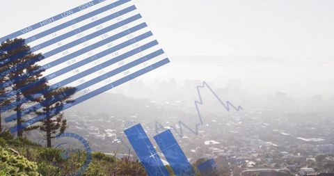 City overlook with blue data overlaying analytics dashboard and skyline haze