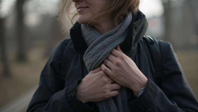 Woman adjusting scarf and coat on chilly park path during autumn walk