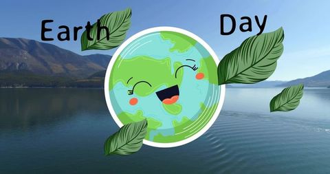 Smiling earth floating over mountain lake with green leaves and hand-drawn earth day