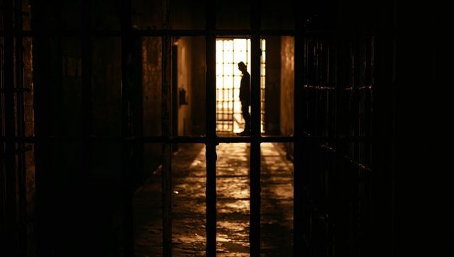 Silhouette of Individual in Prison Corridor during Sunset