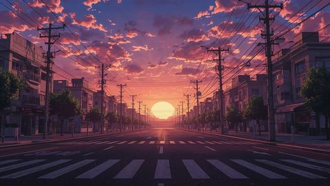 Sunset Avenue with Silhouetted Cityscape and Utility Poles in Urban Setting