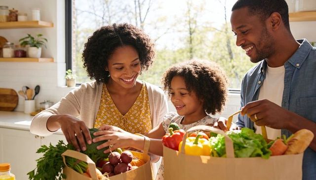 Smiling family unpacking groceries together in sunny kitchen with fresh produce and bread