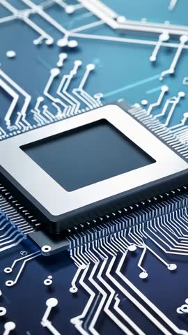 Tilting over blue circuit board, revealing microchip, solder points and intricate traces