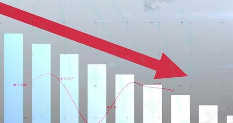 Red arrow declining over minimalist bar chart showing economic downturn trend