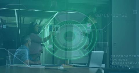 Business Team Collaborating in Modern Conference Room with Futuristic Overlay