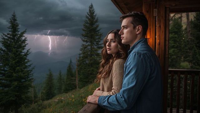 Couple Watching Lightning Storm from Mountain Cabin Balcony, Leaning on Railing at Dusk