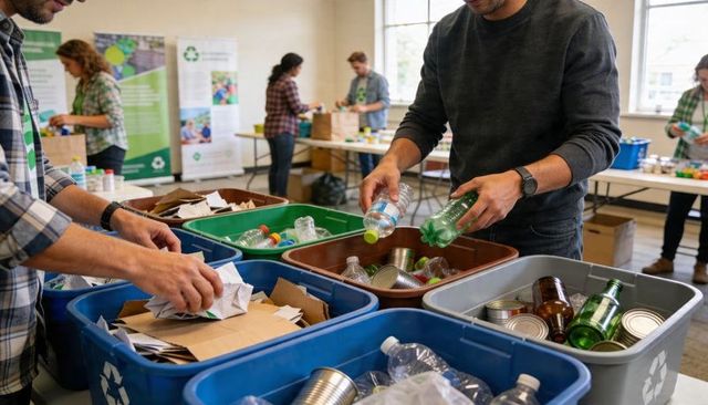 Volunteers sorting recyclables at community recycling drive promoting sustainability, teamwork