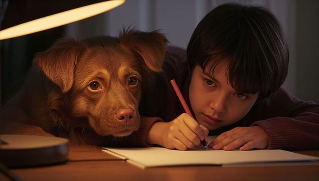 Child writing by lamp with dog resting head nearby during cozy evening study