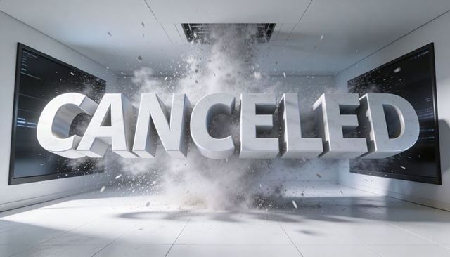 Levitating cancelled text exploding through ceiling vent in futuristic white studio