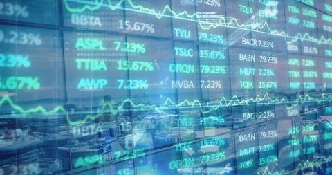 Financial charts overlaying modern cityscape vistas: tech and economy concept