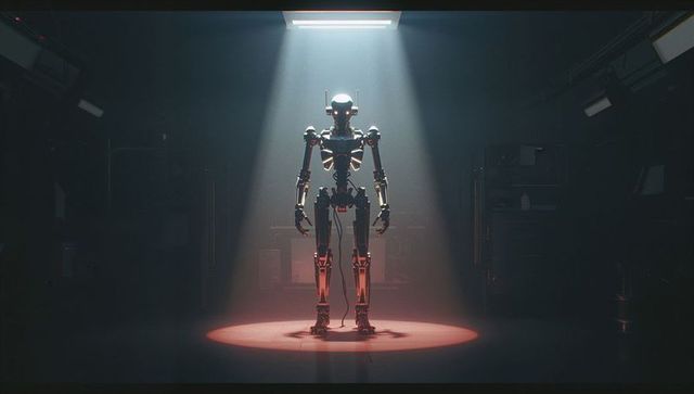 Futuristic Humanoid Robot Glowing in Dark Workshop