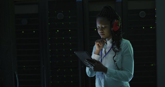 Female IT Professional Working in Server Room with Tablet and Headphones - Download Free Stock Images Pikwizard.com