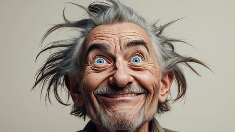 Energetic elderly man with wild hair and a crazy flair expressing joy in studio portrait