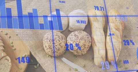 Rustic seeded rolls and baguettes with blue graph overlay for food marketing analytics