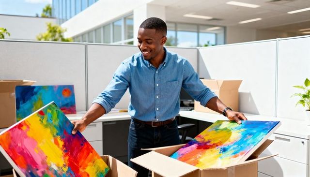 Black professional unpacking vibrant abstract canvases in modern bright office cubicle