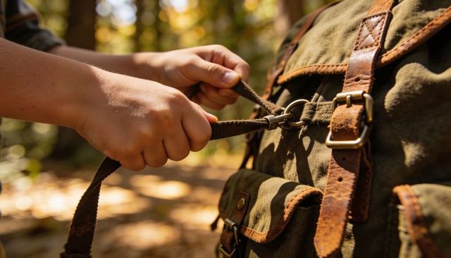 Securing vintage canvas backpack straps on forest trail during autumn sunlight and leaves