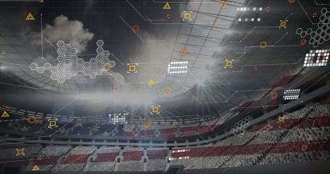 Futuristic digital grid overlay on modern sports stadium