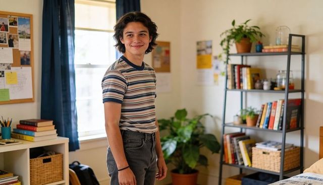 Teenage male student standing and smiling in cozy sunlit bedroom with books and plants