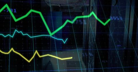 Line Graph Data Analytics Overlaid on Server Room Digital Grid