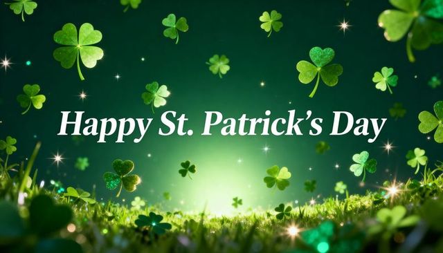 St patrick's day greeting banner with glowing shamrocks and floating clover confetti card