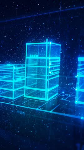 Vertical holographic wireframe cubes hovering over neon grid amid floating particles