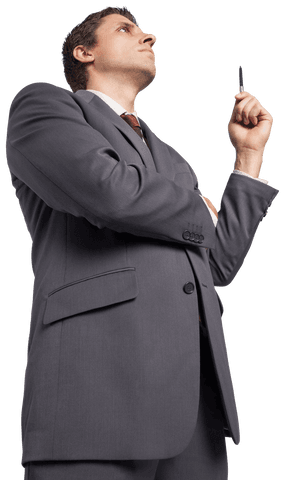 Businessman Contemplating with Pen on Transparent Background