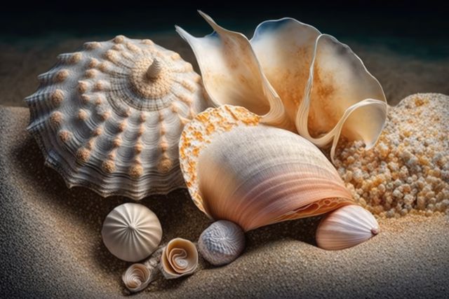 Close up of seashells in sand on beach by sea, created using generative ai technology. Shells, beach and beauty in nature concept digitally generated image.