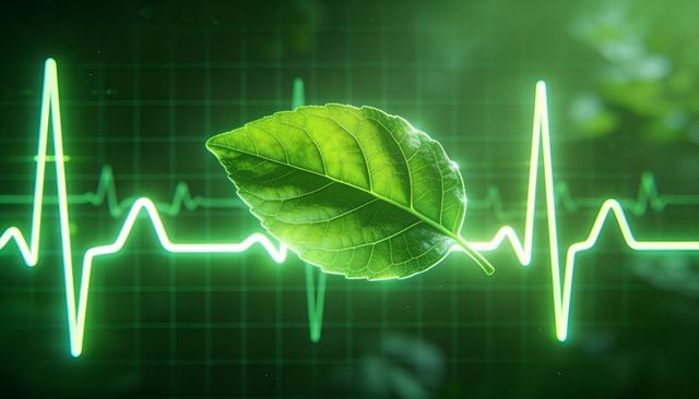 Glowing green leaf hovering over neon ecg waveform symbolizing eco health and medical tech