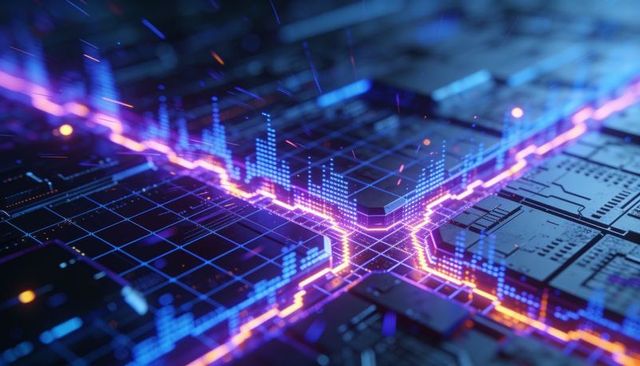 Glowing x-shaped neon circuit traces pulsing across macro pcb with rising data bars