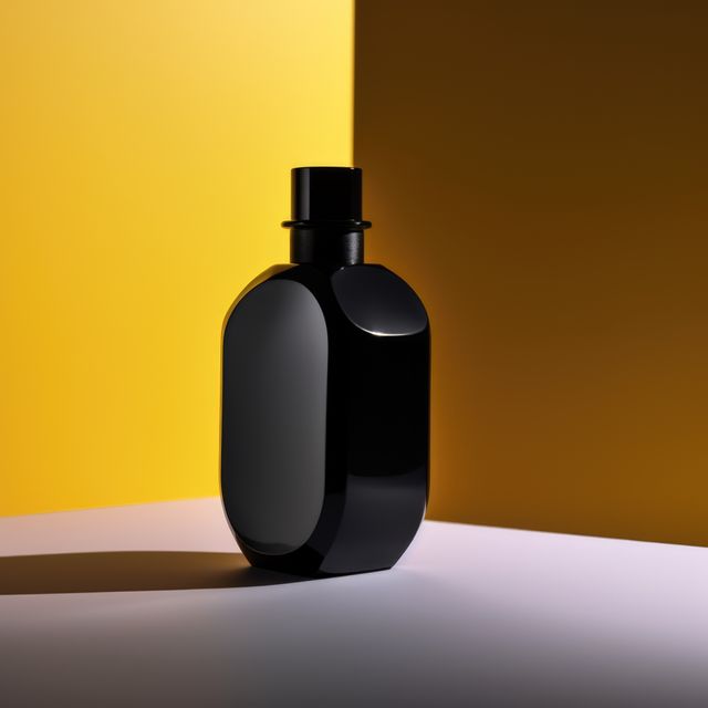 Sleek black perfume bottle standing on a hard surface with a vibrant yellow background. Modern, minimalist design exudes luxury and sophistication. Ideal for use in advertisements for beauty products, articles about luxury fragrances, or graphic design projects emphasizing elegance and style.