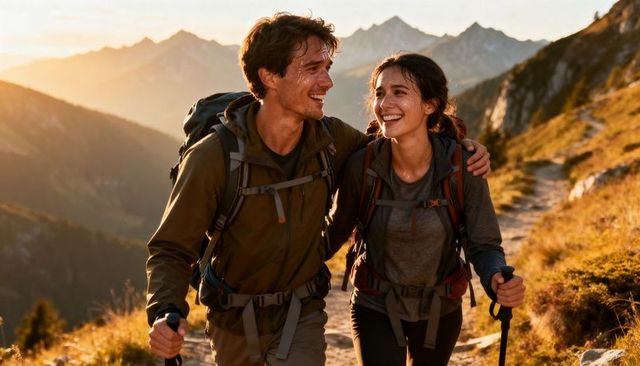 Smiling couple hiking at golden hour on alpine ridge with backpacks and trekking poles