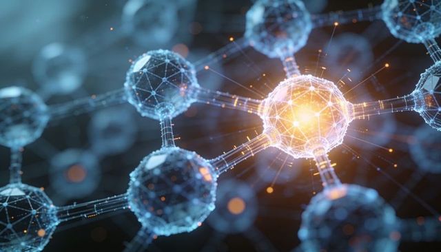 Glowing central node pulsing in futuristic molecular mesh network with energy filaments