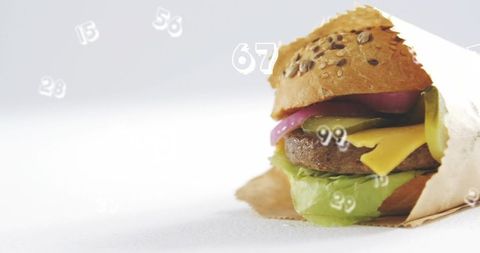 Wrapped seeded-bun burger showing melted cheese, lettuce and floating numeric overlays