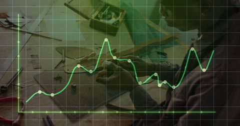 Craftsman assembling components with futuristic data overlay