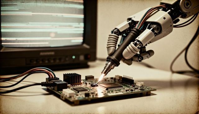 Robotic arm soldering pcb for precision electronics manufacturing and automated assembly