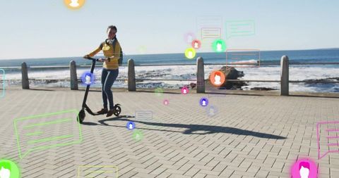 Wide shot woman riding electric scooter seaside virtual icons