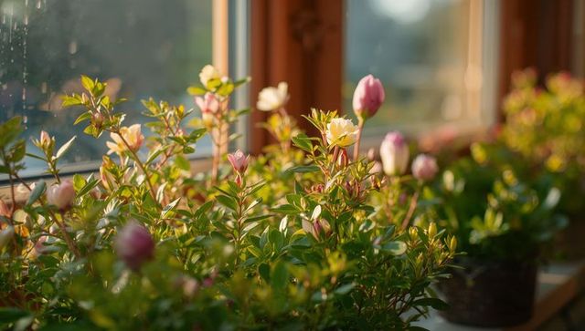Vibrant flowering shrubs on sunlit wooden windowsill