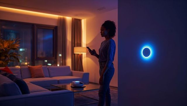 Woman standing in modern apartment holding smartphone beside glowing smart-home ring light