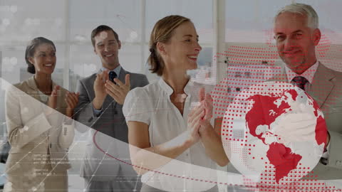 Diverse Business Team Clapping Amidst Digital Globe Animation